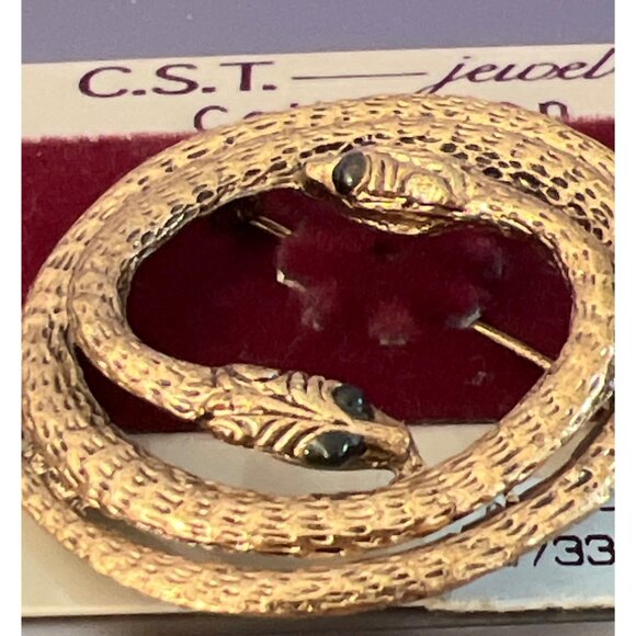 Vintage C.S.T. Jewelry Double Snake Brooch Green Stone Eyes Gold Tone New - Picture 2 of 3